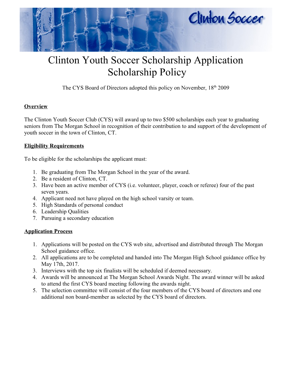 Clinton Youth Soccer Scholarship Application