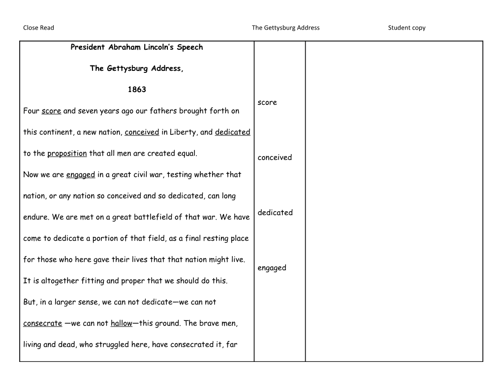 Close Read the Gettysburg Addressstudent Copy