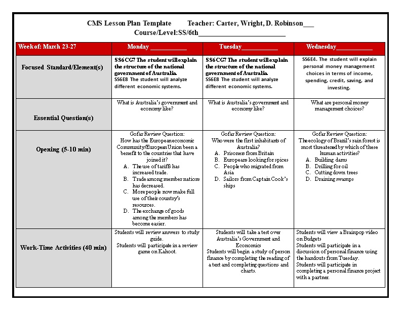 CMS Lesson Plan Template Teacher: Carter, Wright, D. Robinson___Course/Level:SS/6Th______