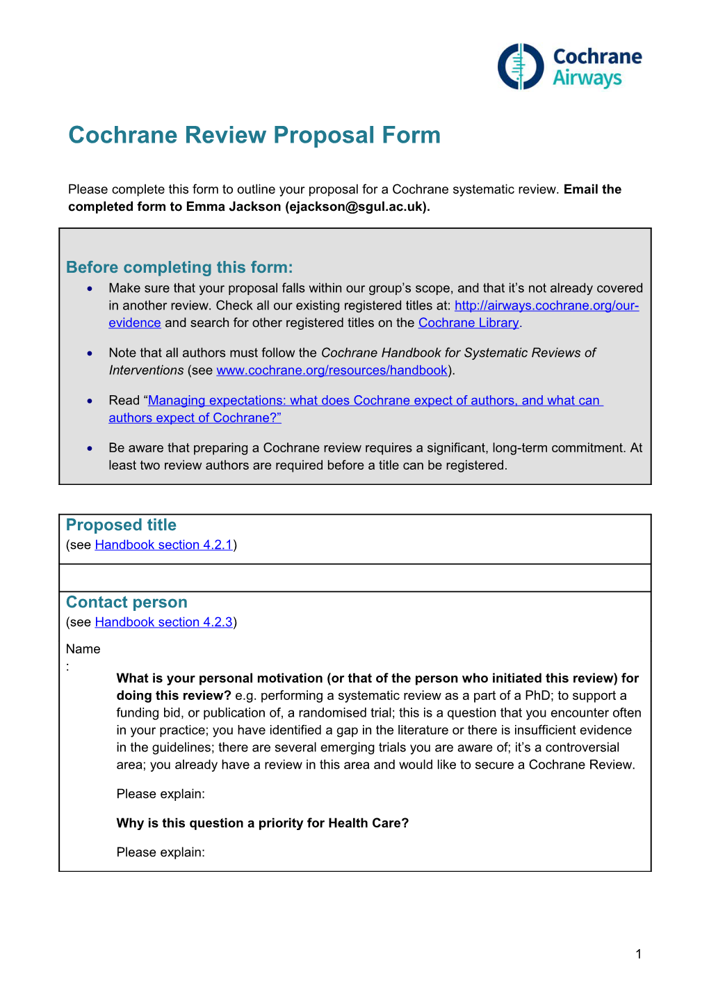 Cochrane Review Proposal Form