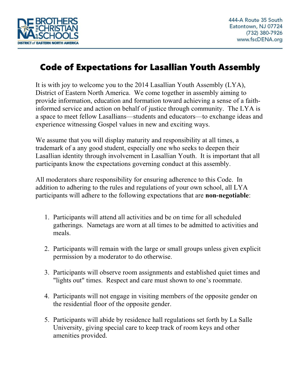 Code of Expectations for Lasallian Youth Assembly