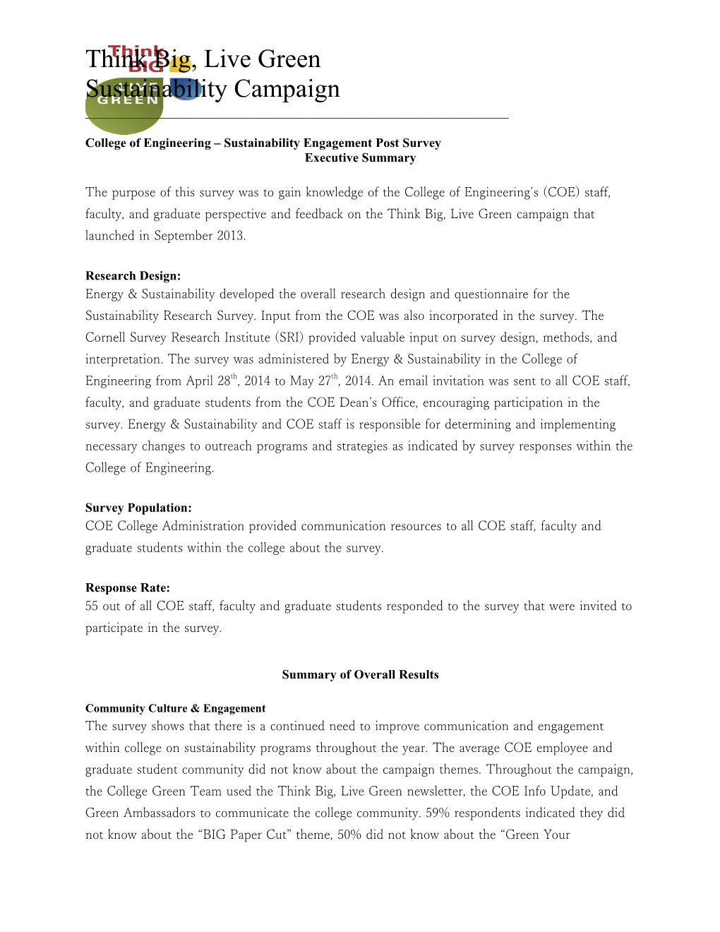 COE Sustainability Engagement Post Survey - Executive Summary