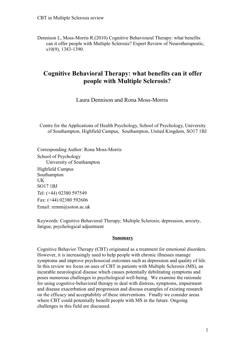 Cognitive Behavioral Therapy: What Benefits Can It Offer People with Multiple Sclerosis