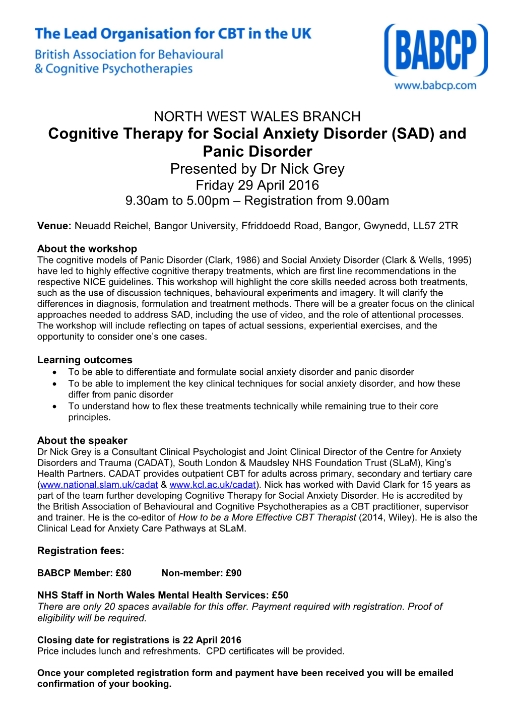 Cognitive Therapy for Social Anxiety Disorder (SAD) and Panic Disorder