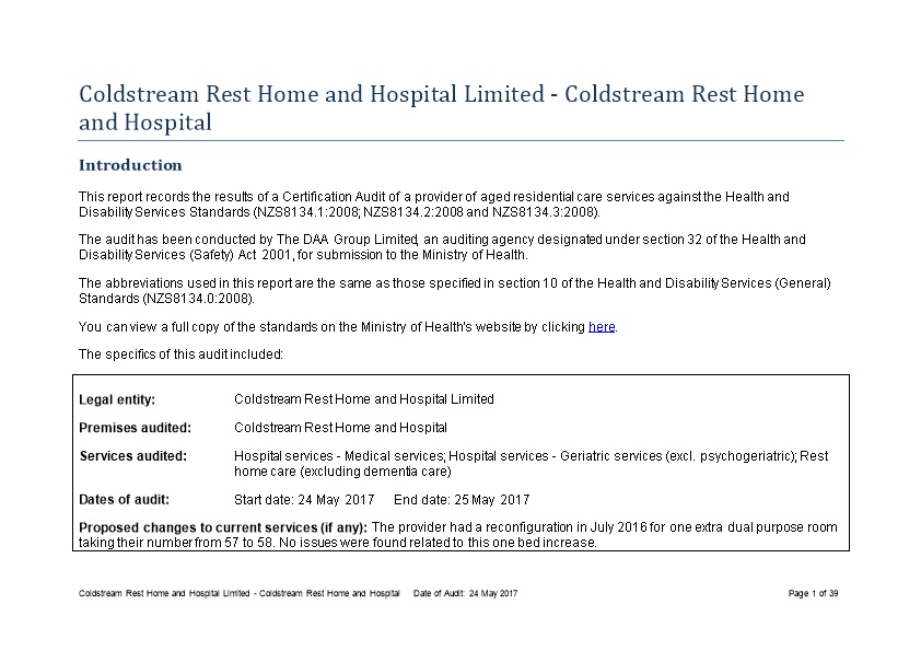 Coldstream Rest Home and Hospital Limited - Coldstream Rest Home and Hospital