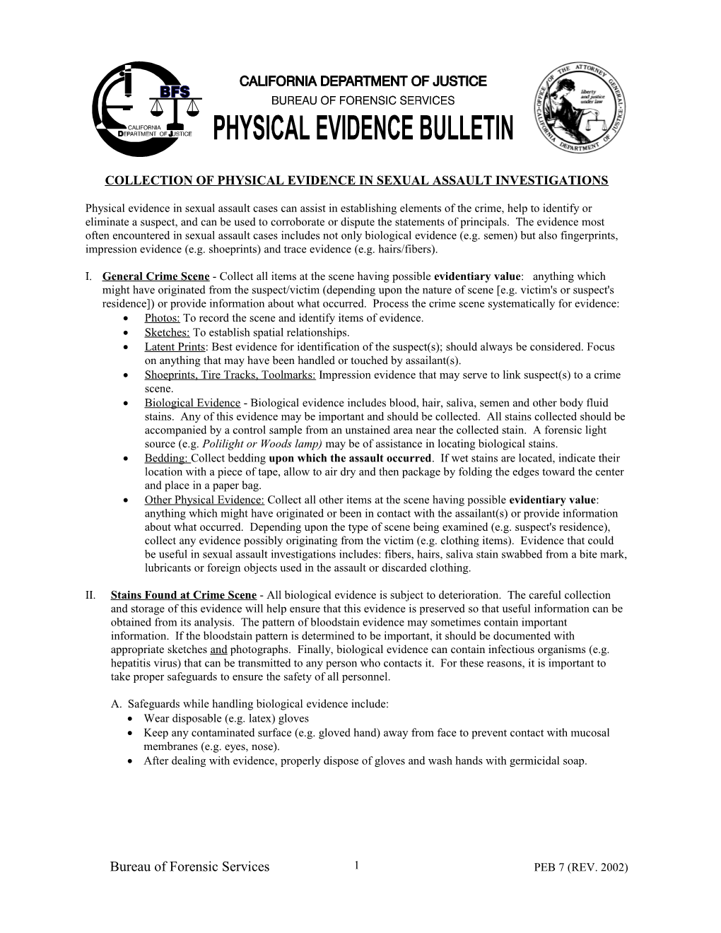 Collection of Physical Evidence in Sexual Assault Investigations