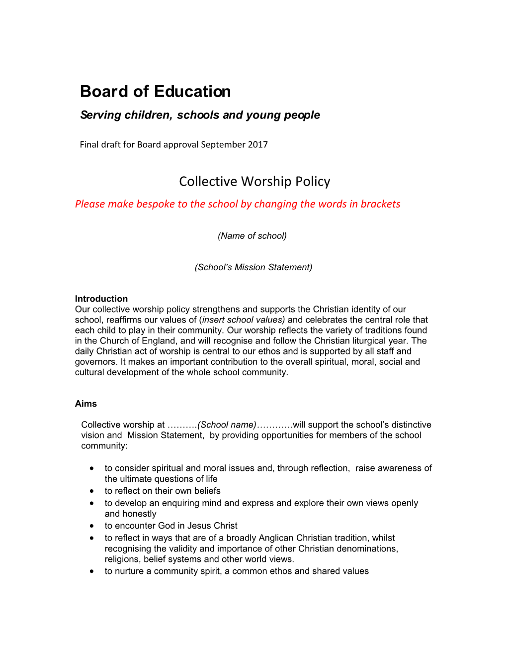 Collective Worship Policy for a Primary School