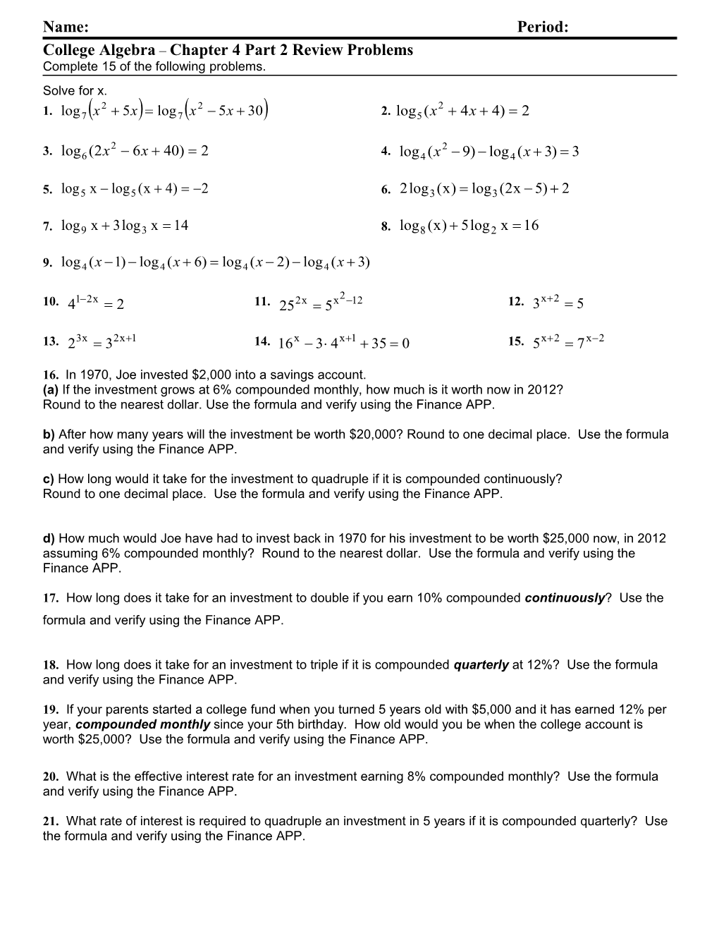 College Algebra Chapter 4 Part 2 Reviewproblems