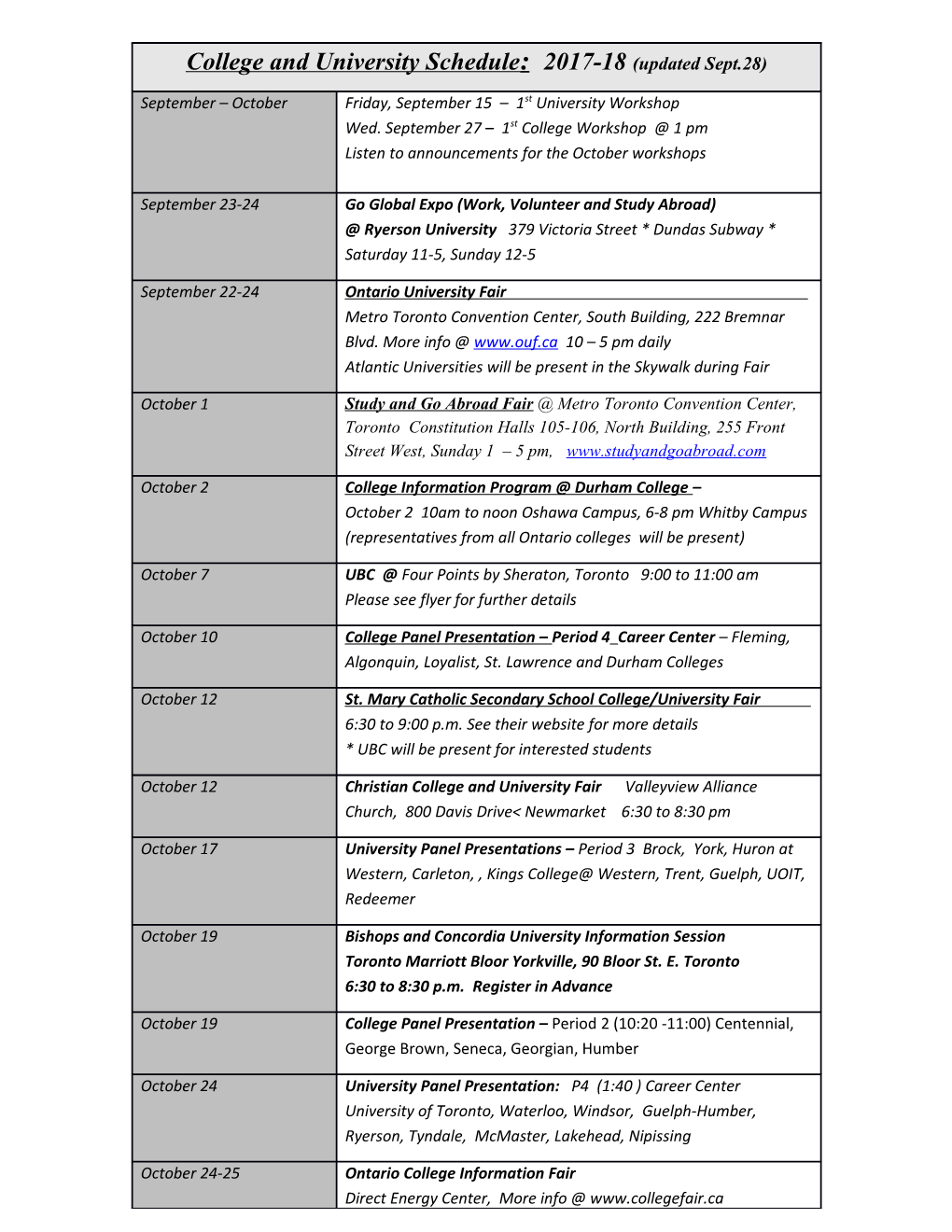 College and University Application Schedule 2003-2004