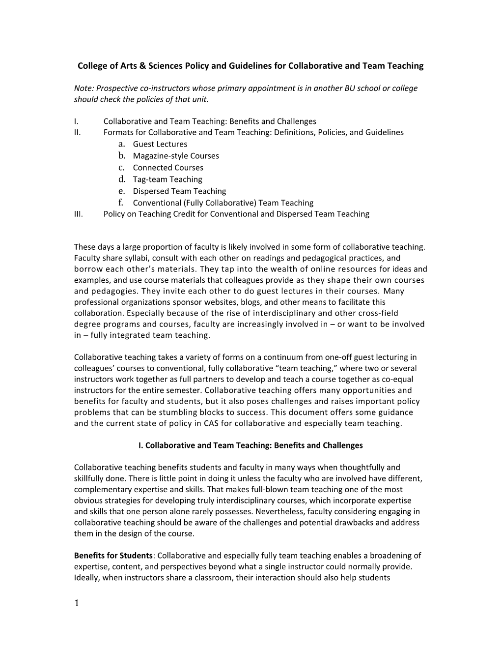 College of Arts & Sciences Policy and Guidelines for Collaborative and Team Teaching