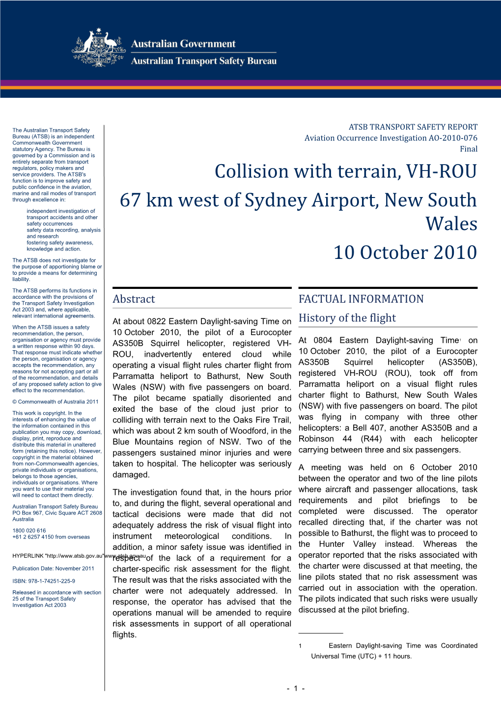 Collision with Terrain, VH-ROU 67 Km West of Sydney Airport, New South Wales 10 October 2010