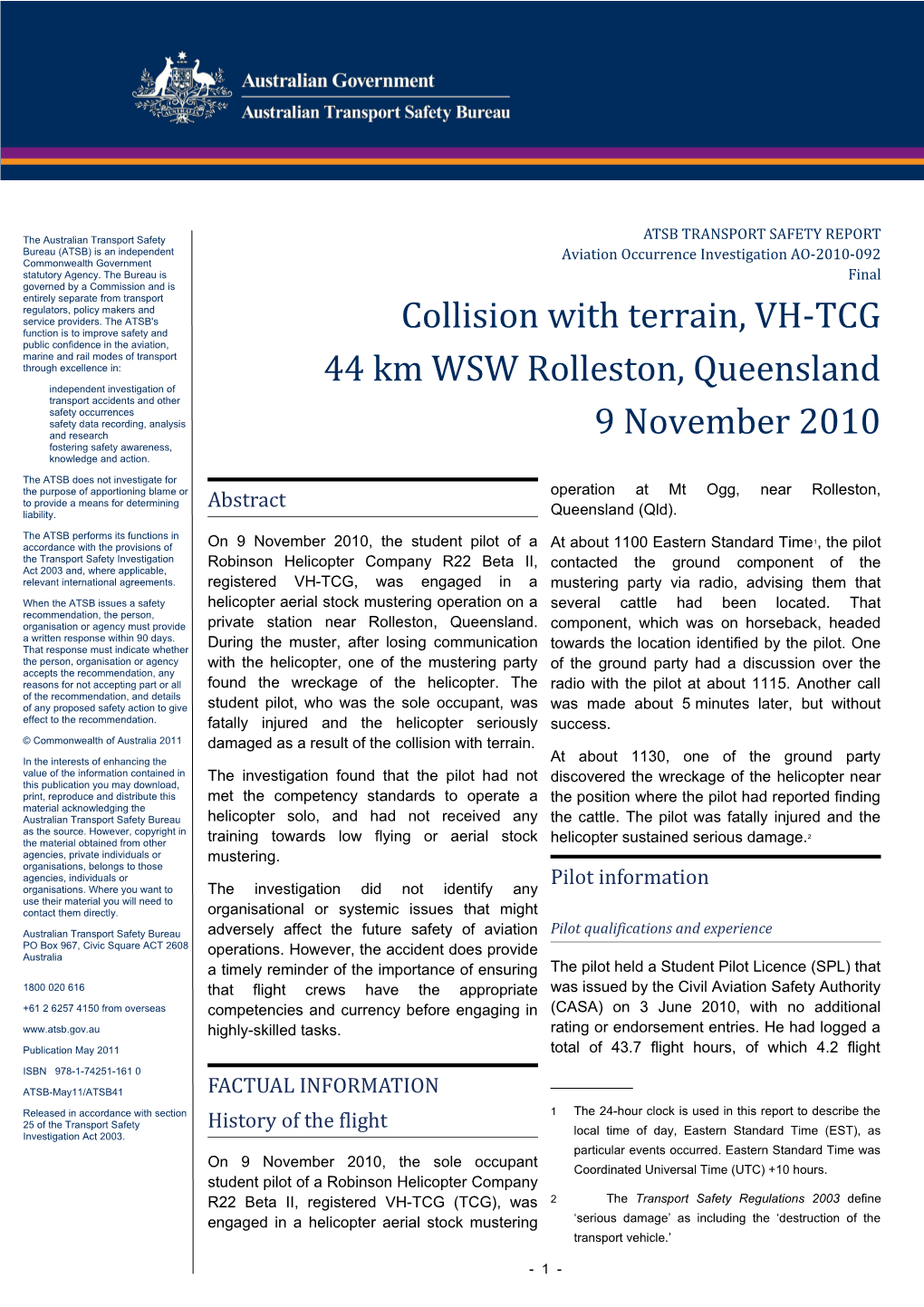 Collision with Terrain, VH-TCG 44 Km WSW Rolleston, Queensland 9 November 2010