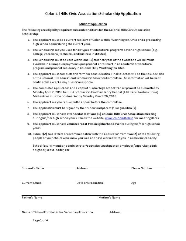 Colonial Hills Civic Association Scholarship Application
