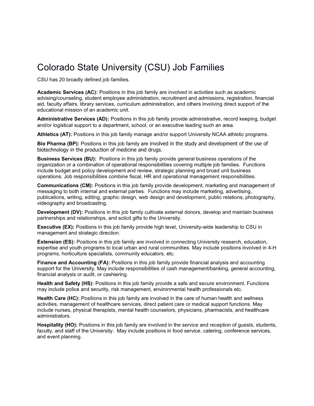 Colorado State University (CSU) Job Families