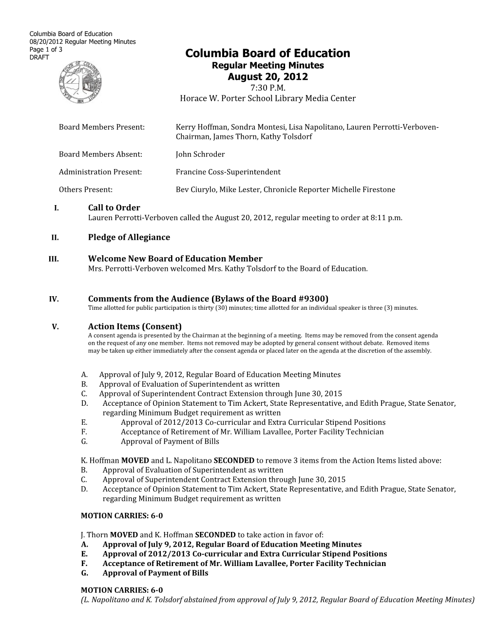 Columbia Board of Education 08/20/2012 Regular Meeting Minutes Page 1 of 3 DRAFT