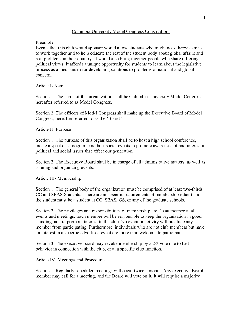 Columbia University Model Congress Constitution