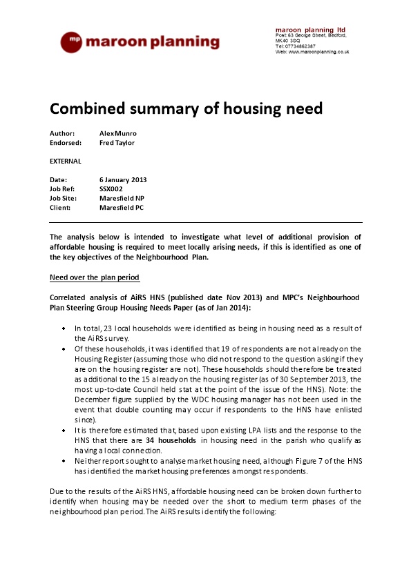 Combined Summary of Housing Need