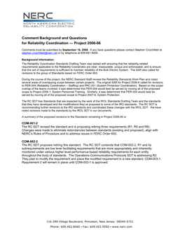 Comment Form Reliability Coordination Project 2006-06