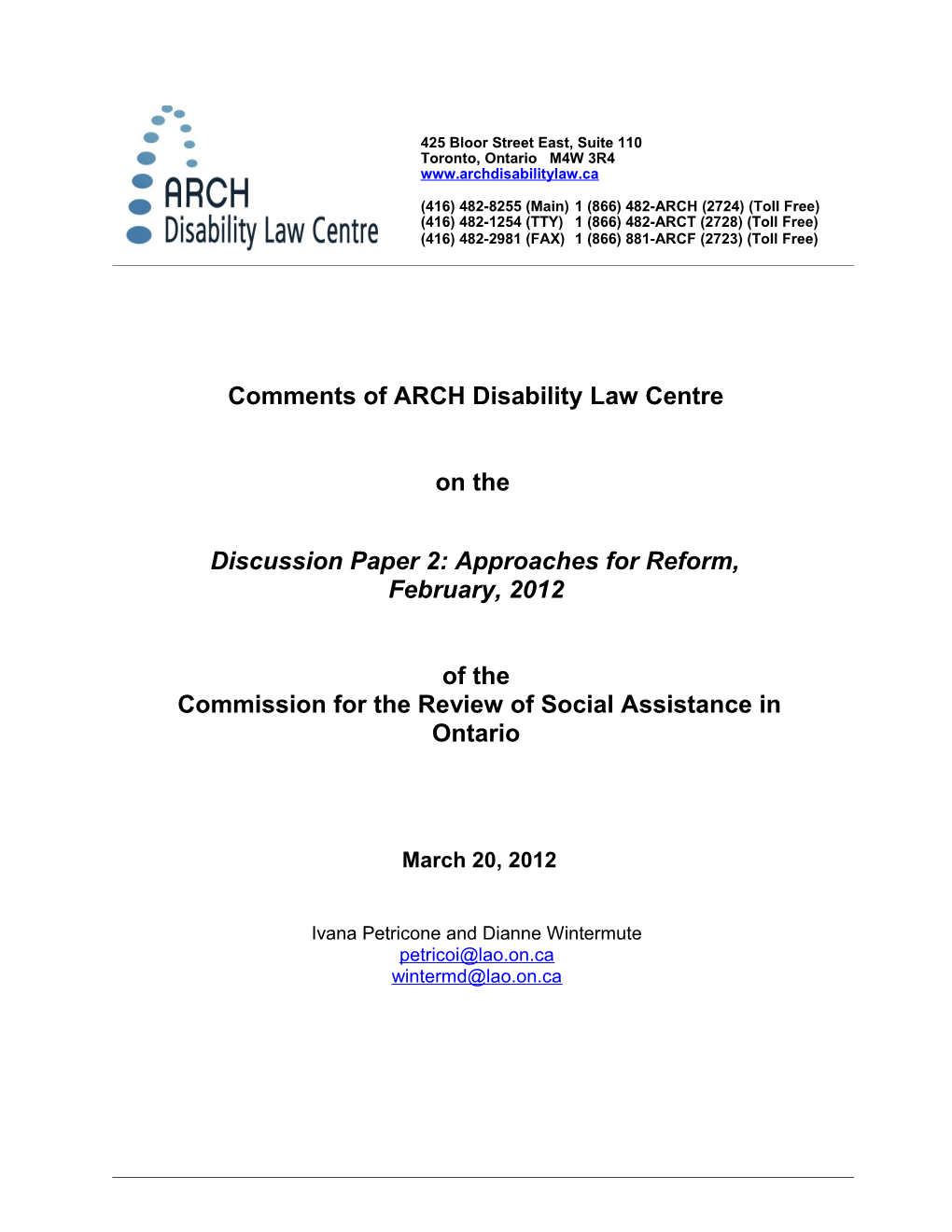 Comments of ARCH Disability Law Centre On