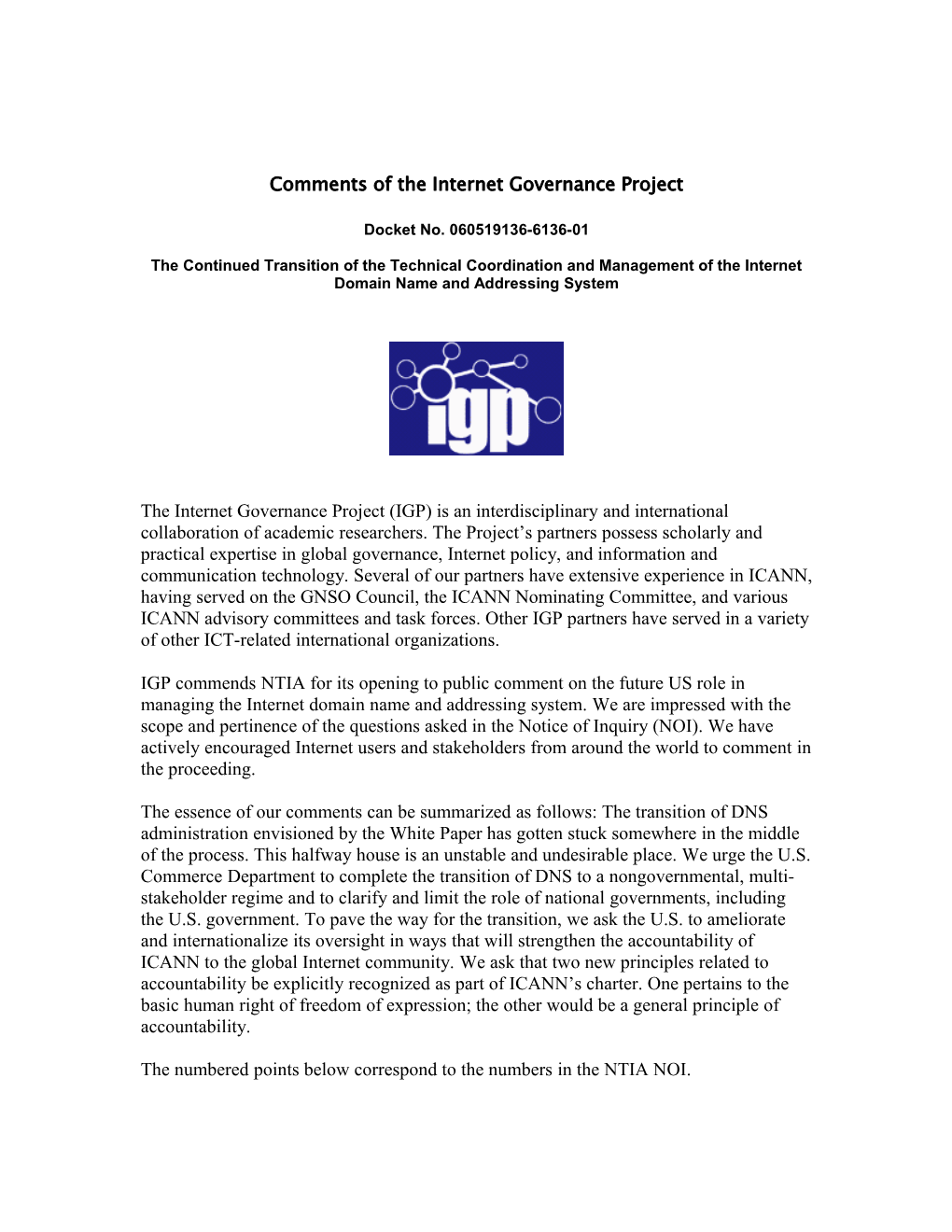 Comments of the Internet Governance Project