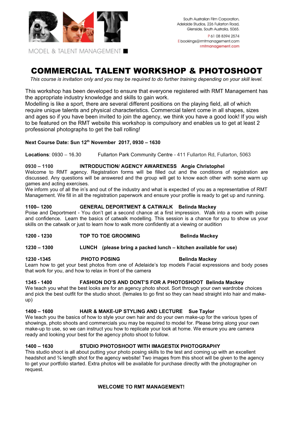 Commercial Talent Workshop & Photoshoot