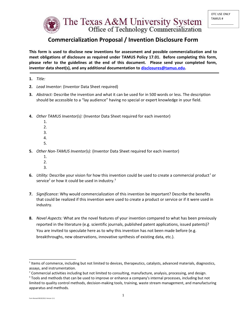 Commercialization Proposal Form / Invention Disclosure