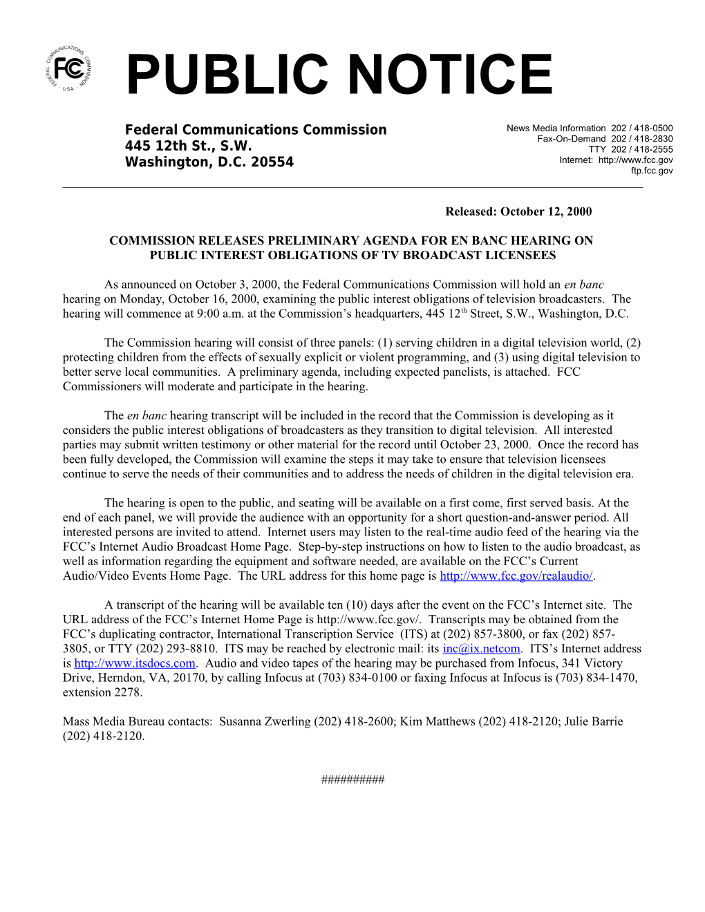 Commission Releases Preliminary Agenda for En Banc Hearing On