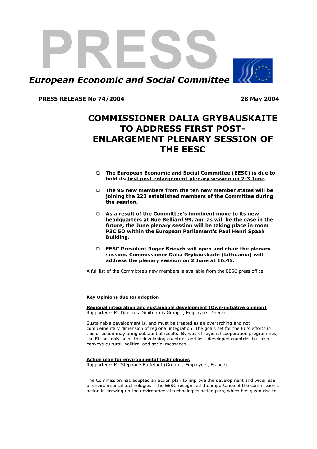 Commissioner Dalia Grybauskaite to Address First Post-Enlargement Plenary Session of the Eesc