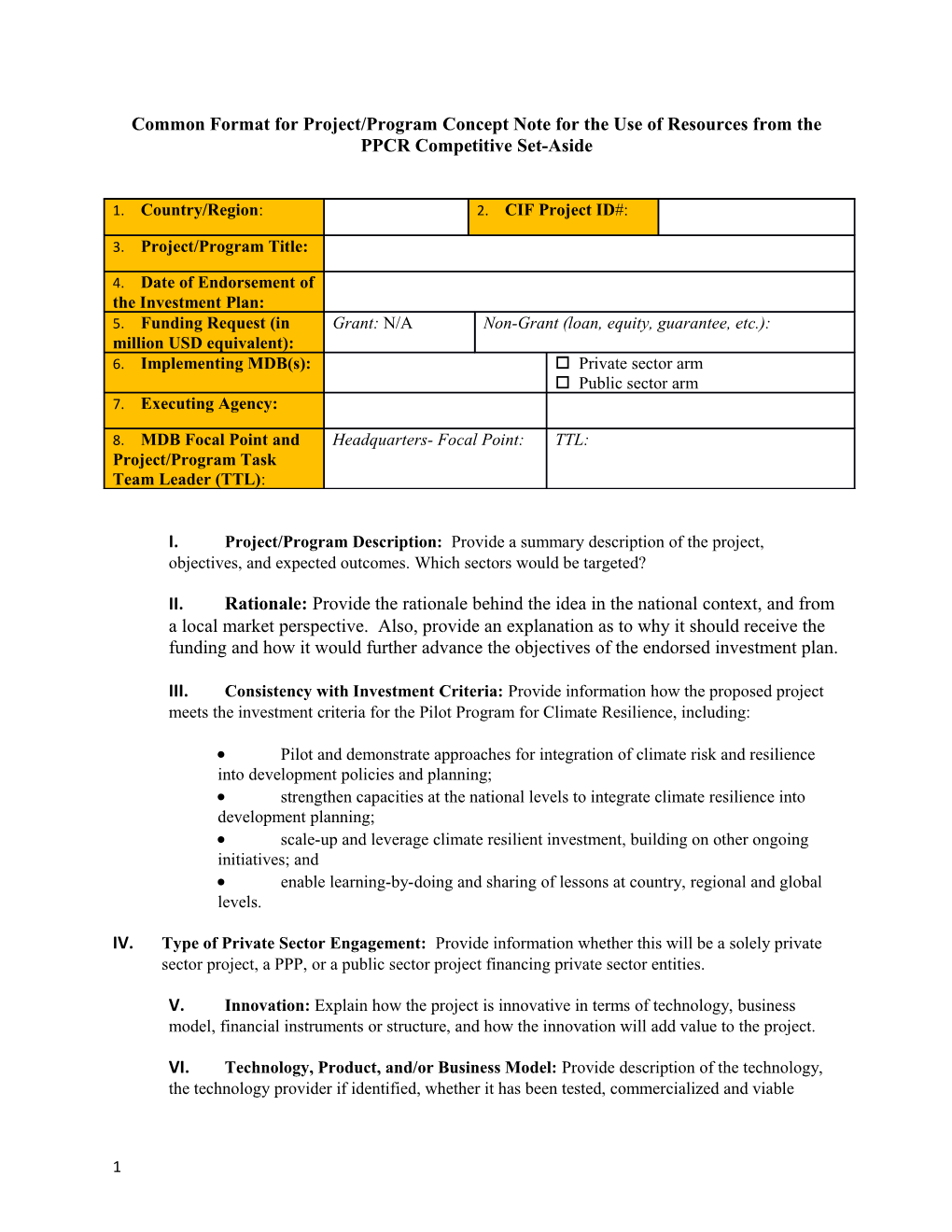 Common Format for Project/Program Concept Note for the Use of Resources from The