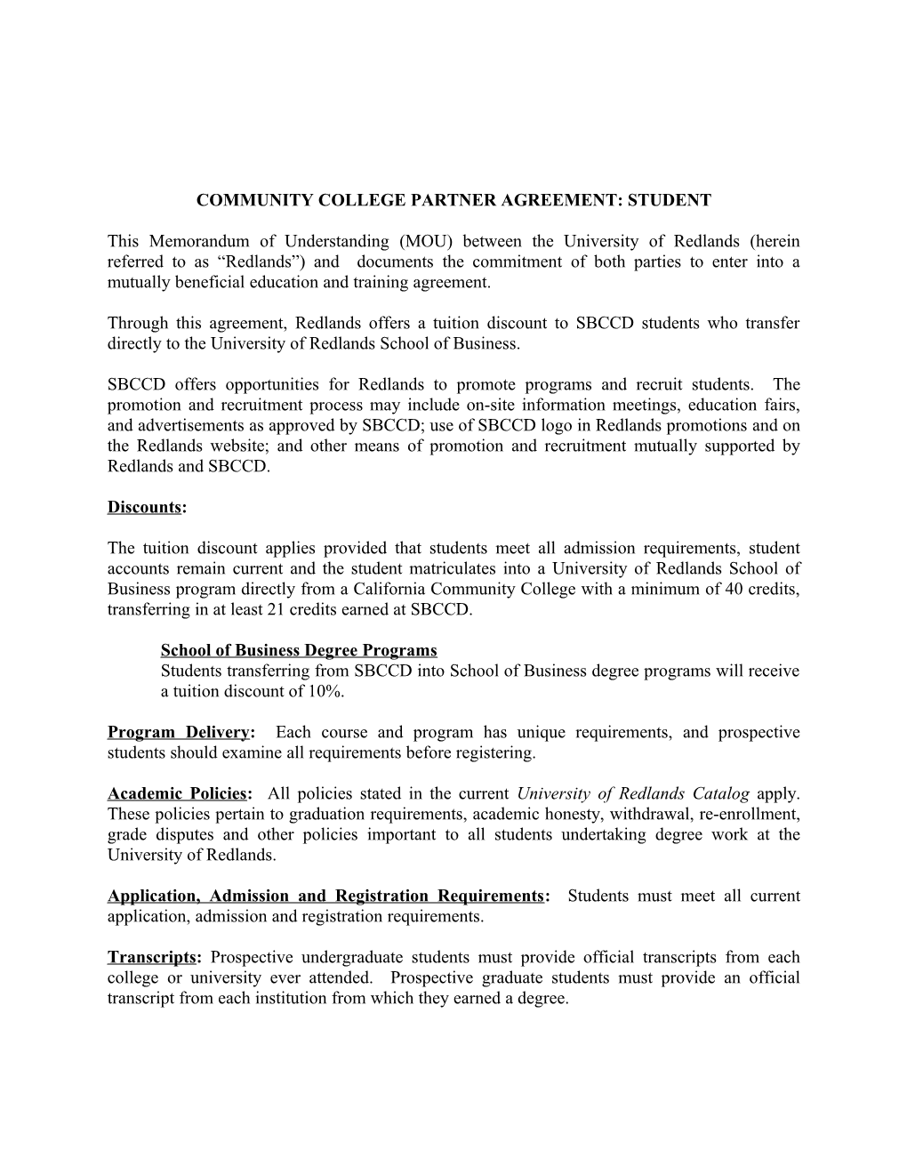 Community College Partner Agreement: Student