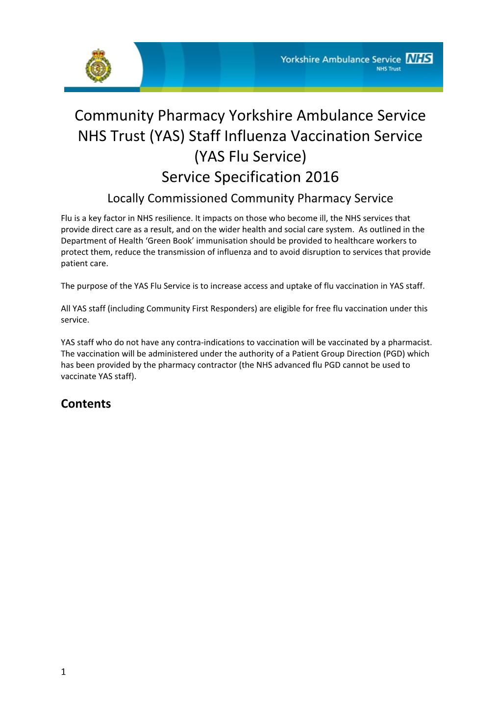 Community Pharmacy Yorkshire Ambulance Service NHS Trust (YAS) Staff Influenza Vaccination