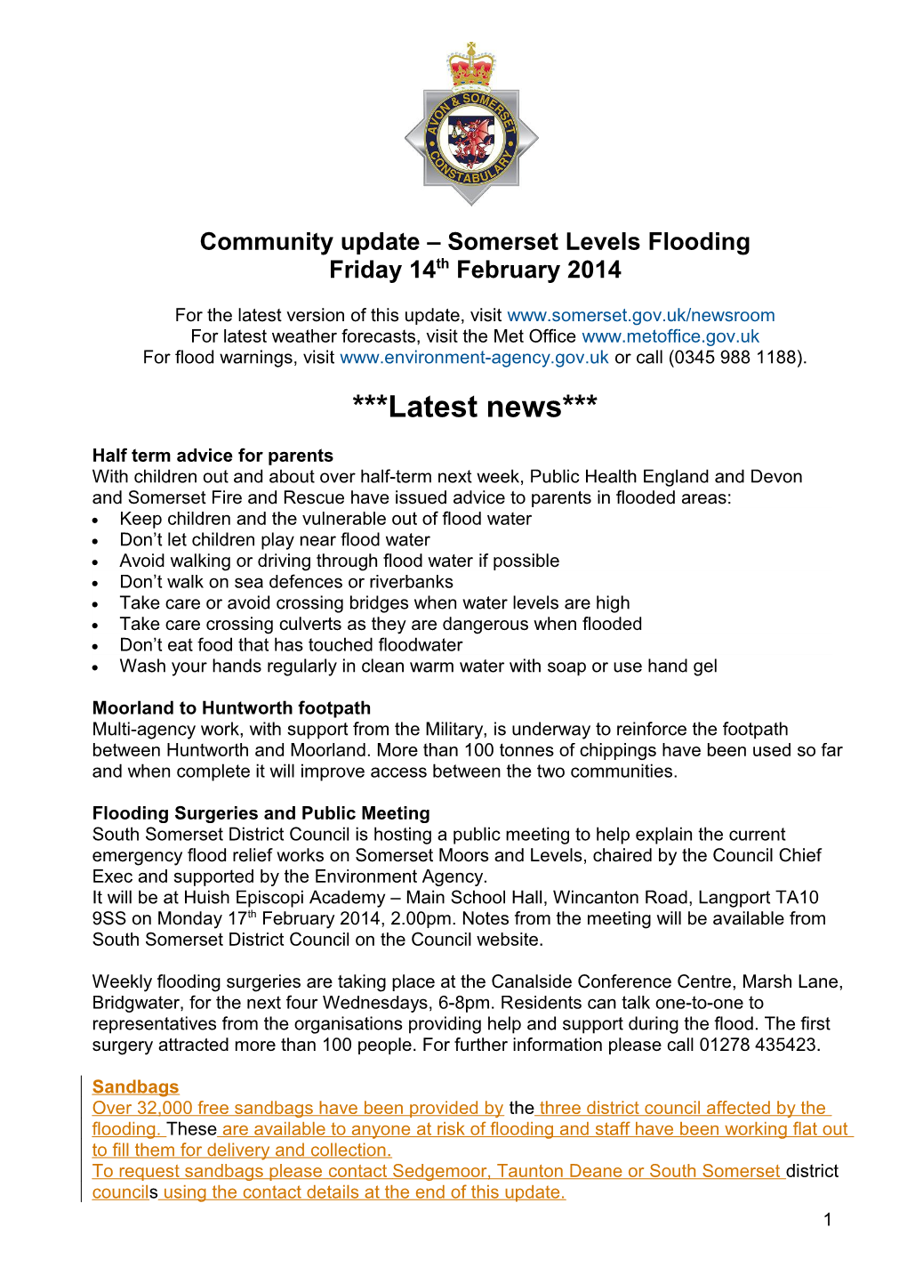 Community Update Somerset Levels Flooding
