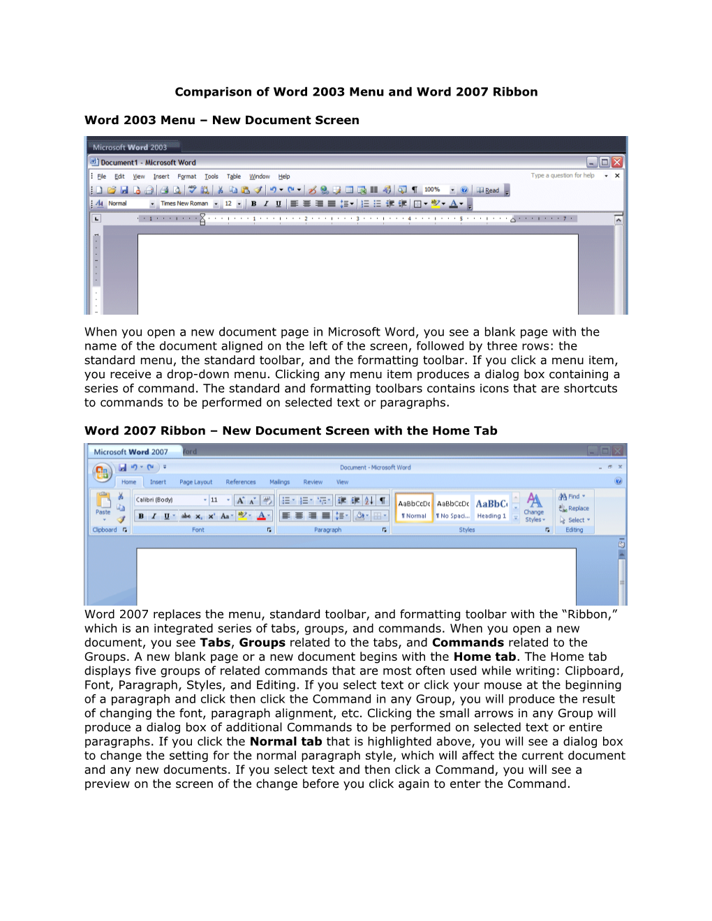 Comparison of Word 2003 Menu and Word 2007 Ribbon