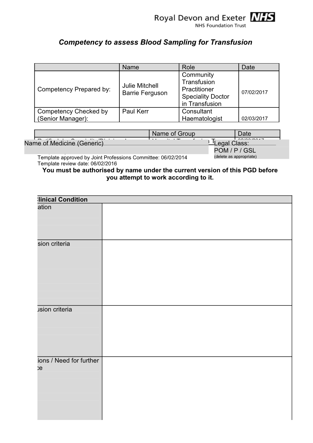 Competency to Assess Blood Sampling for Transfusion