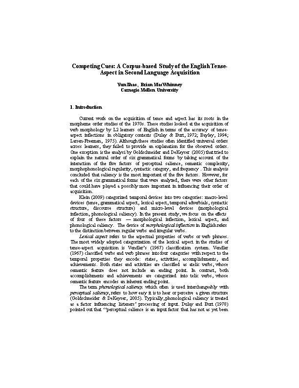 Competing Cues: a Corpus-Based Study of the English Tense-Aspect in Second Language Acquisition