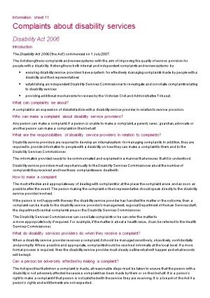 Complaints About Disability Services - Disability Act 2006 Information Sheet for Service