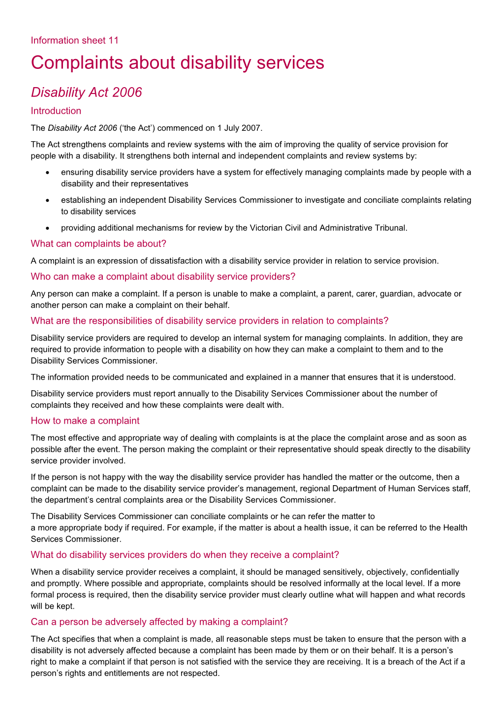 Complaints About Disability Services - Disability Act 2006 Information Sheet for Service