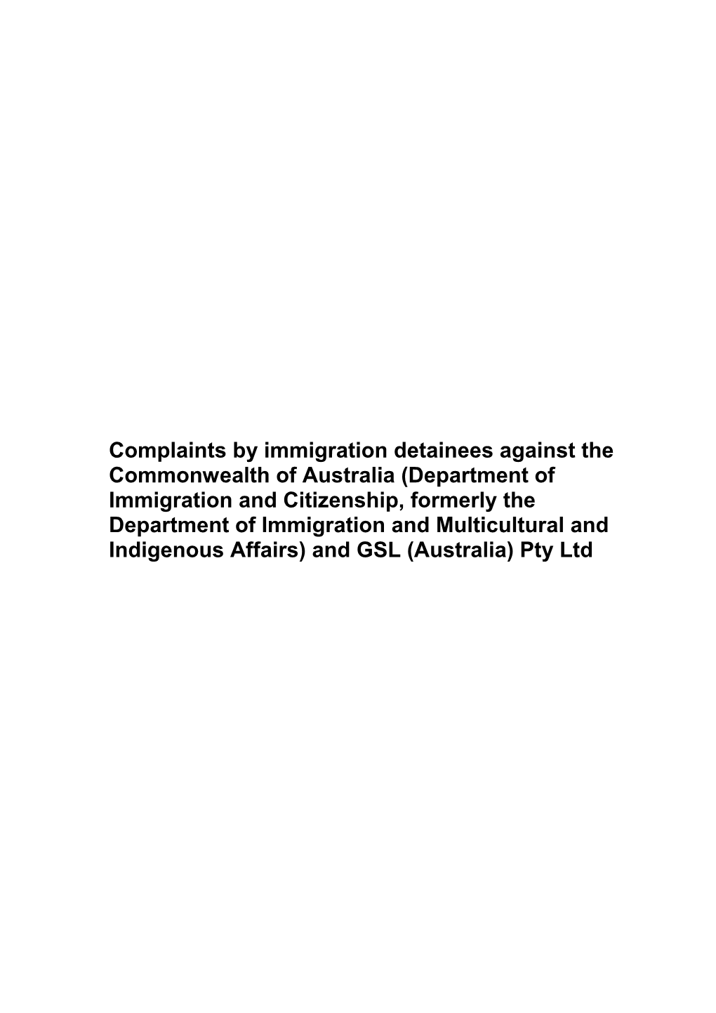 Complaints by Immigration Detainees Against the Commonwealth of Australia (Department