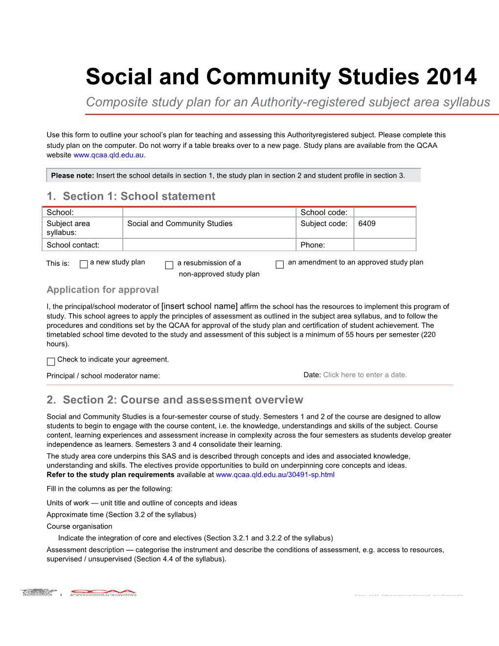 Composite Study Plan Template for the Social and Community Studies (2014) SAS