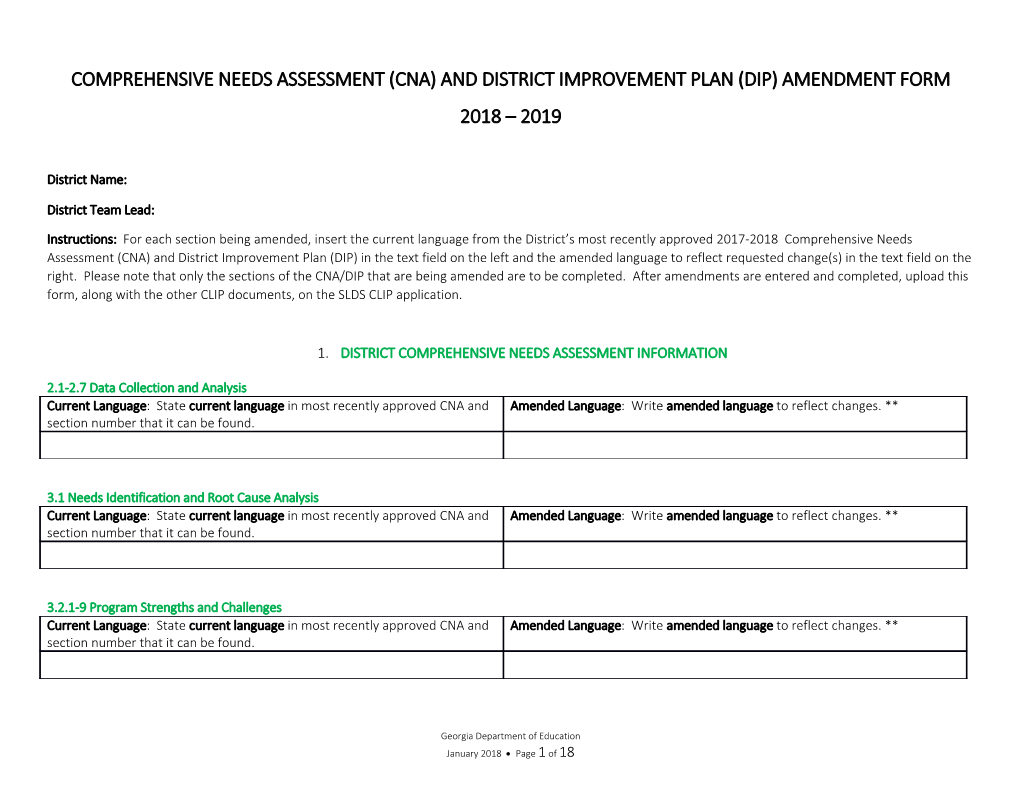 Comprehensive Needs Assessment (Cna) and District Improvement Plan (Dip) Amendment Form