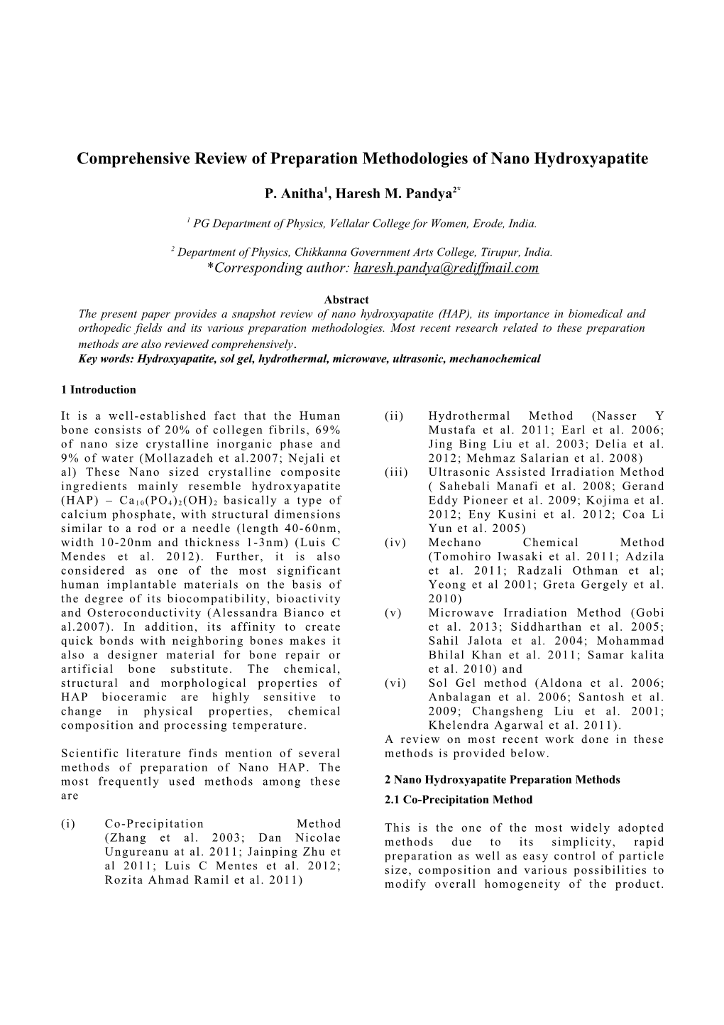 Comprehensive Review of Preparation Methodologies of Nano Hydroxyapatite