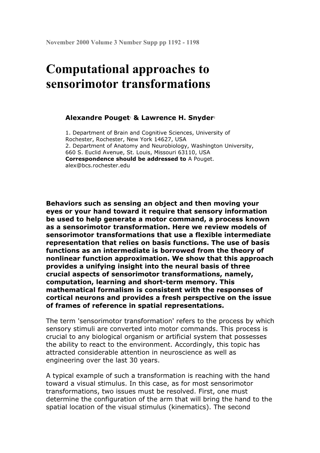 Computational Approaches to Sensorimotor Transformations
