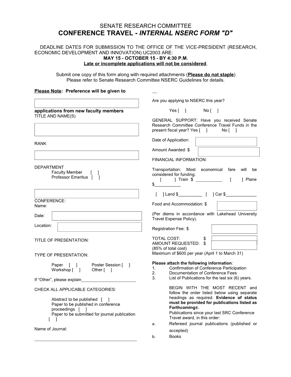 Conference Travel Internal Nserc Form D