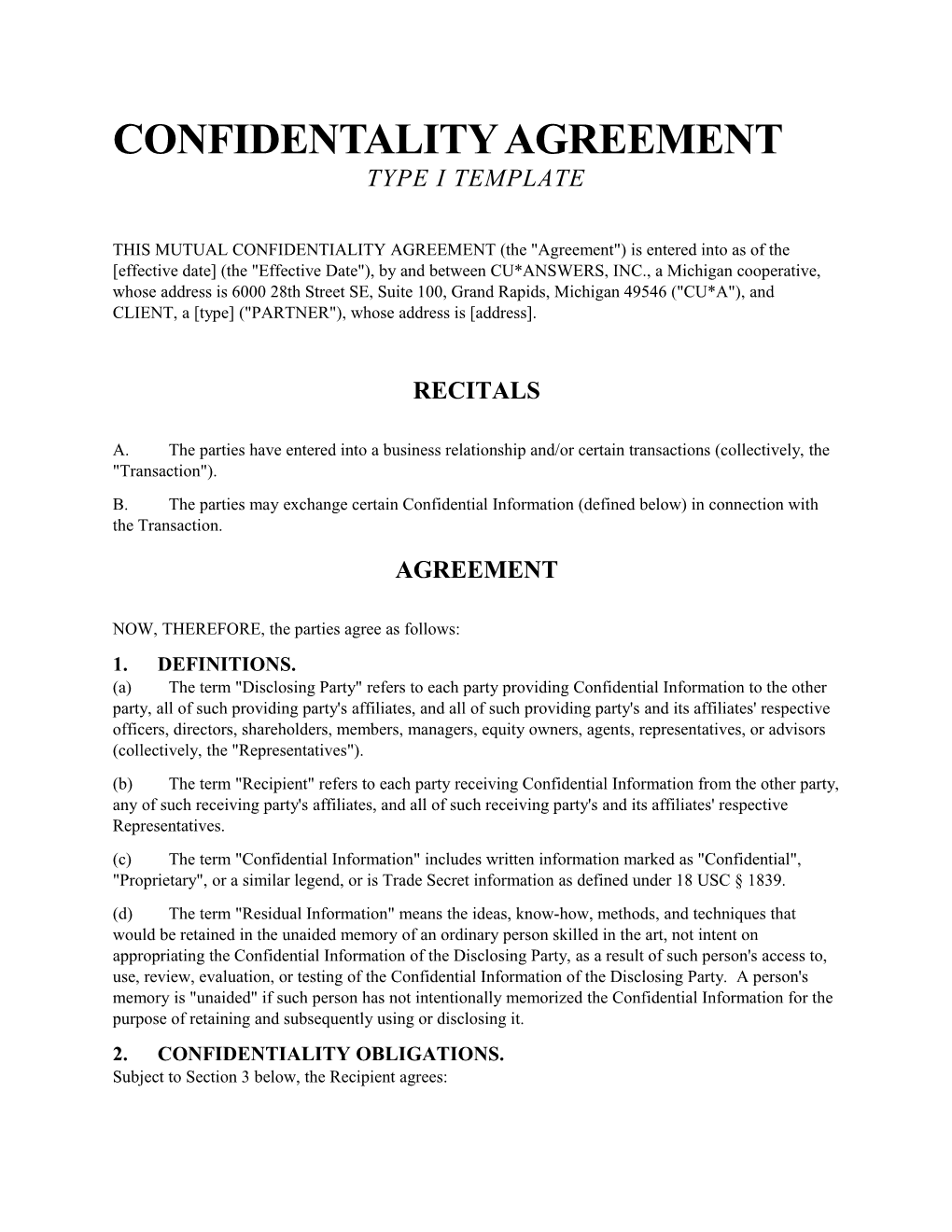 Confidentality Agreement