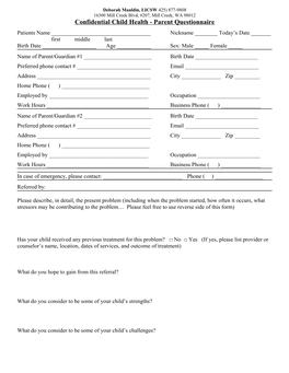Confidential Child Health - Parent Questionnaire