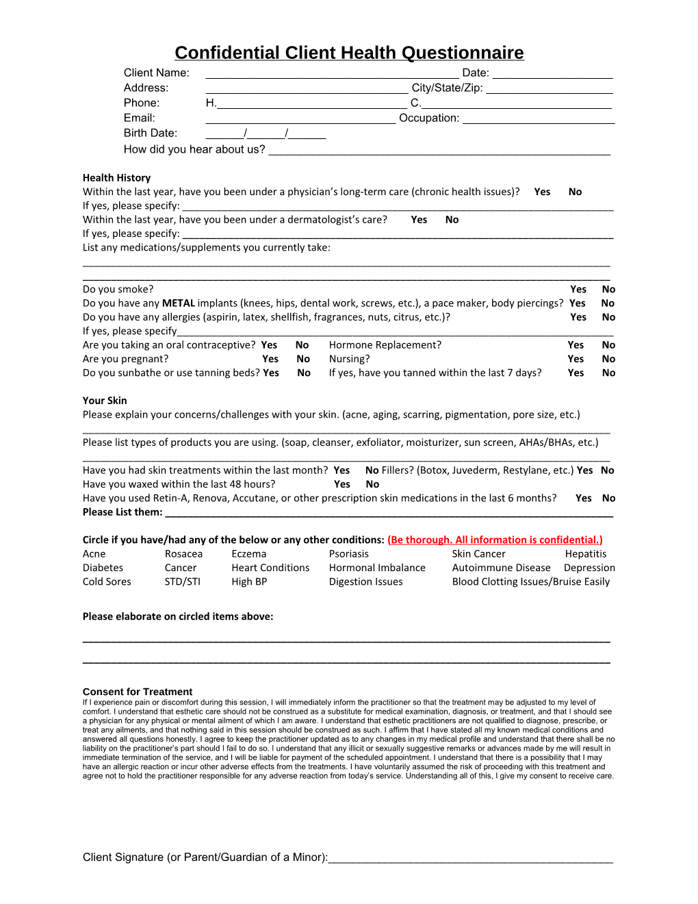 Confidential Client Health Questionnaire