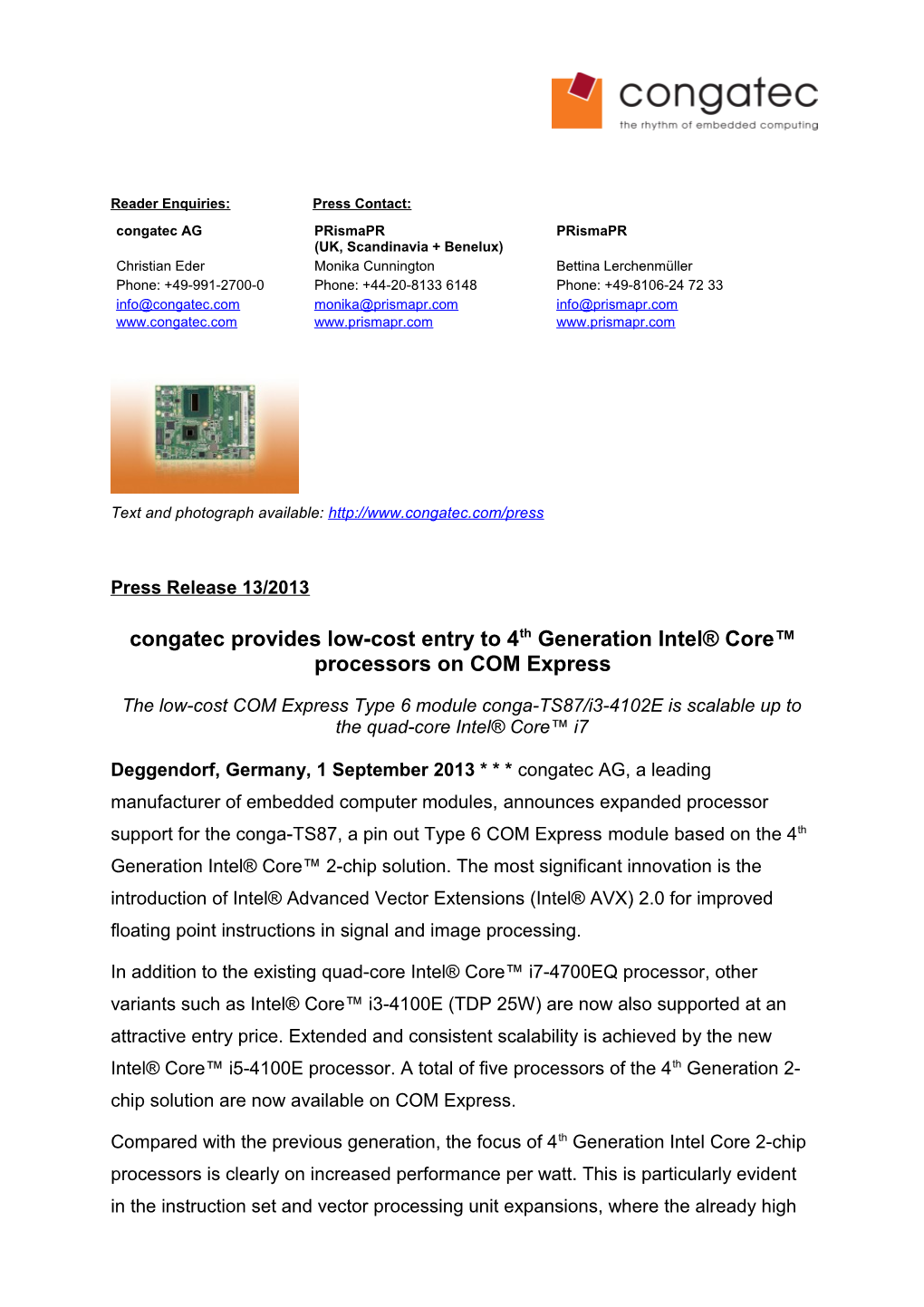 Congatec Expands Processor Support of COM Express Basic Module for 4Th Generation Intel