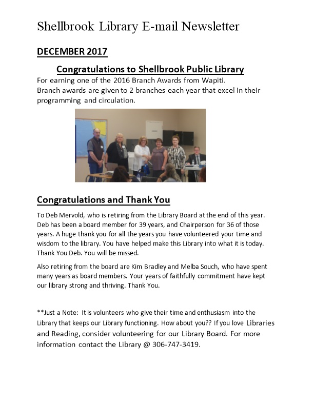 Congratulations to Shellbrook Public Library