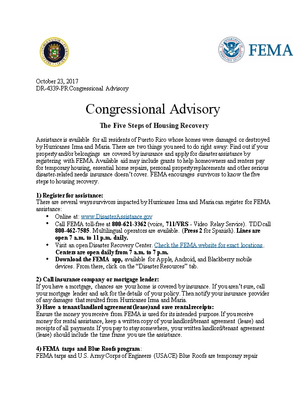 Congressional Advisory the Five Steps of Housing Recovery