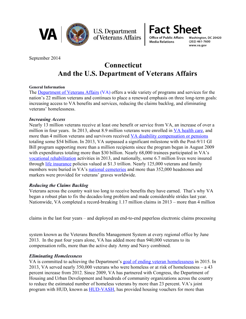 Connecticutand the U.S. Department of Veterans Affairs